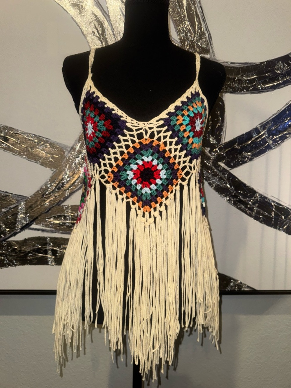 Boho Crochet Fringe Tank Top in Cream and Multicolor